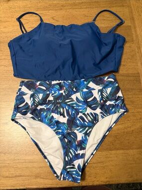 High-Waist Blue Tropical Leaf Bikini Set